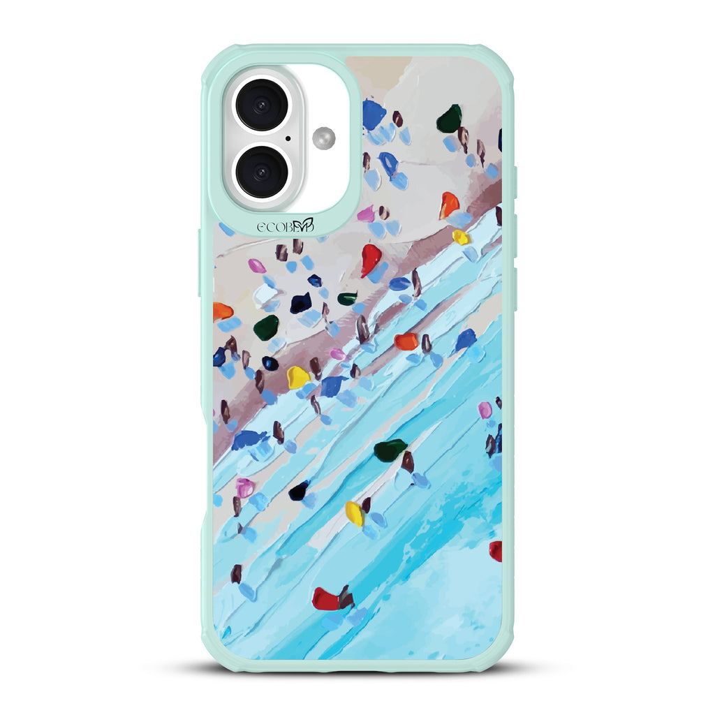 iPhone 16 Plus case, clear, sustainable phone case with green ridges, back view, Waves of Color design