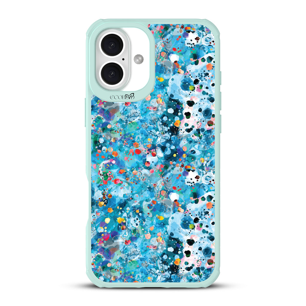 iPhone 16 case, clear, sustainable phone case with green ridges, back view, Brushed By The Tide design