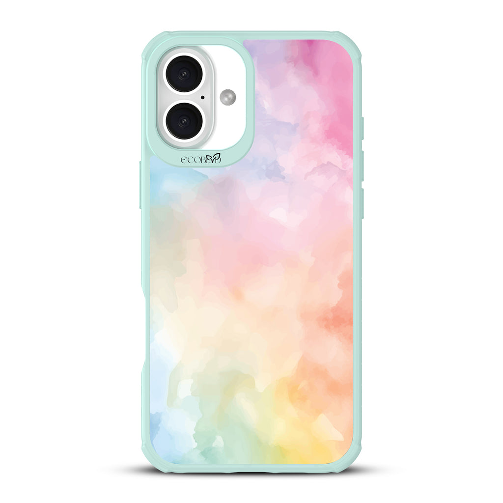 iPhone 16 Plus case, clear, sustainable phone case with green ridges, back view, Painted Skies design