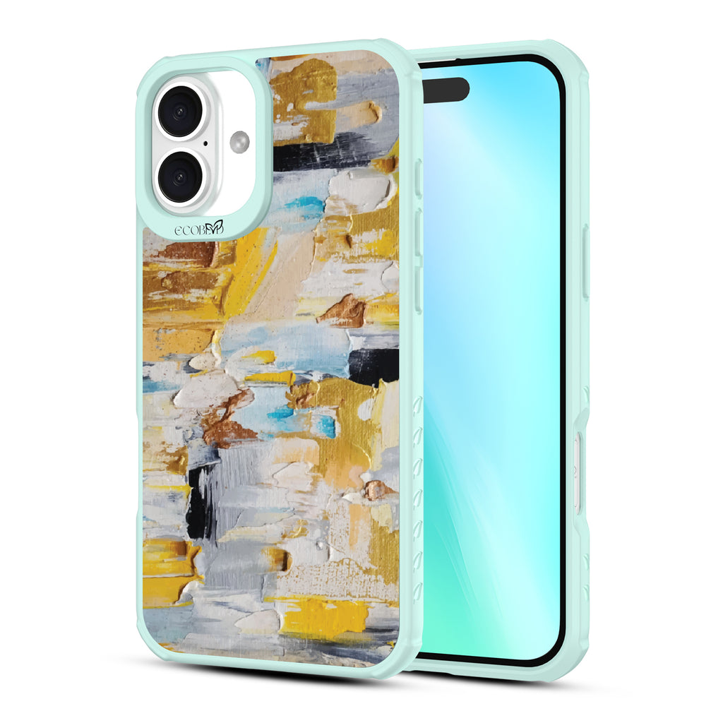 Front and back view of iPhone 16 Plus case, clear, sustainable phone case with green ridges, Lighten Up design

