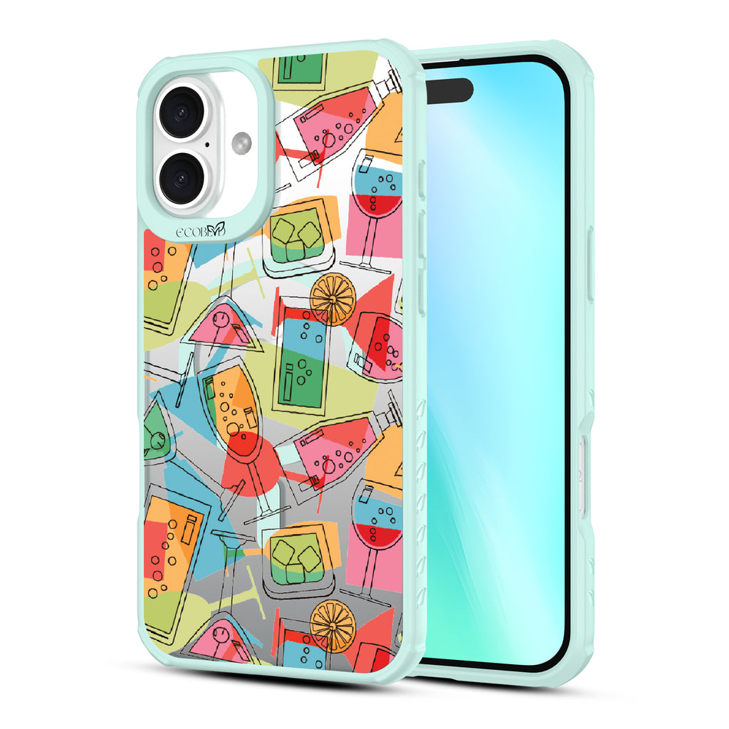 Front and back view of iPhone 16 Plus case, clear, sustainable phone case with green ridges, 5 O'Clock Somewhere design