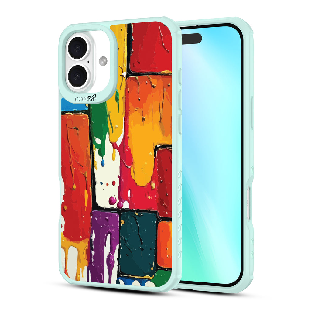 Front and back view of iPhone 16 Plus case, clear, sustainable phone case with green ridges, Color Me Mine design