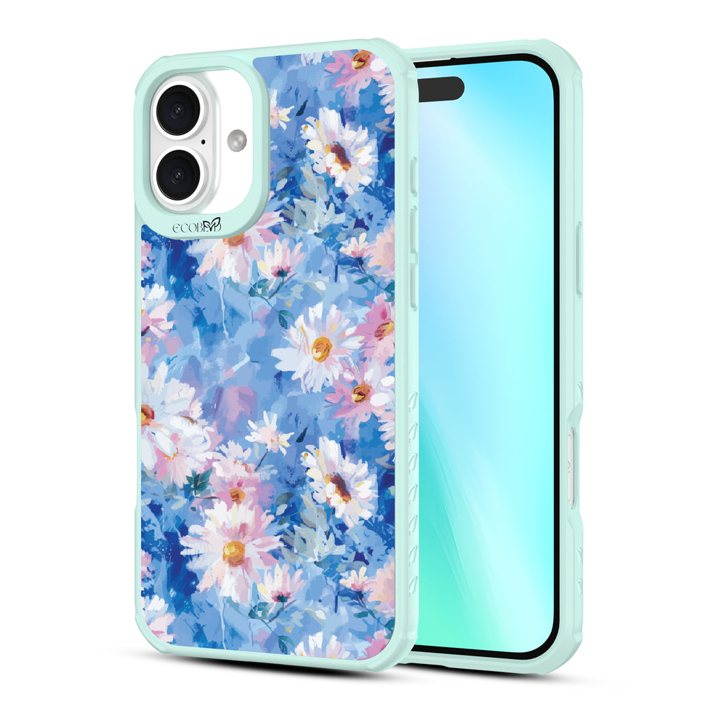 Front and back view of iPhone 16 Plus case, clear, sustainable phone case with green ridges, Blown Away design