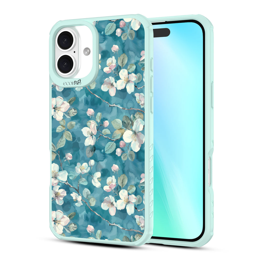 Front and back view of iPhone 16 Plus case, clear, sustainable phone case with green ridges, Sway & Sprout design