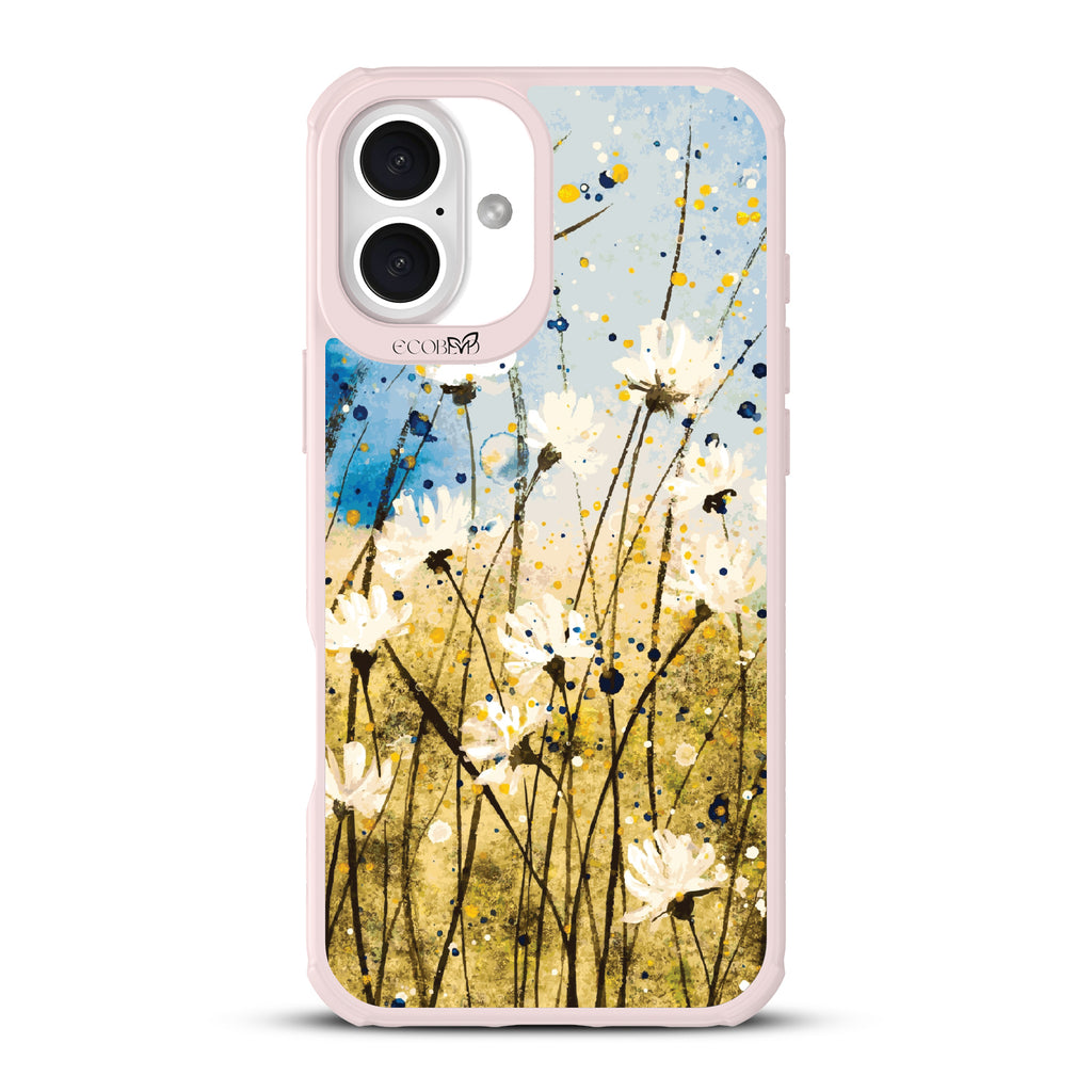 iPhone 16 Plus case, clear, sustainable phone case with pink ridges, back view, Dandelion Dance design
