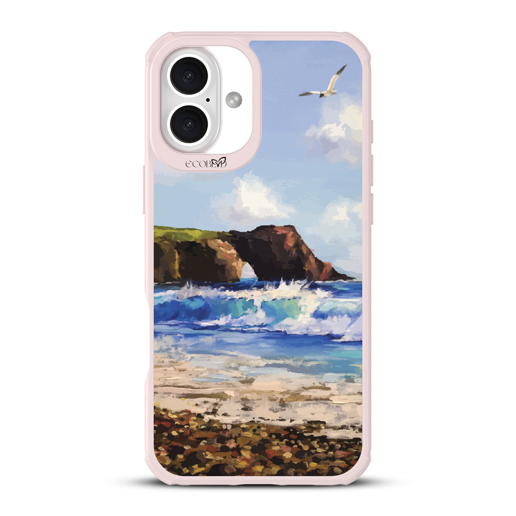 iPhone 16 Plus case, clear, sustainable phone case with pink ridges, back view, Cliffhanger design