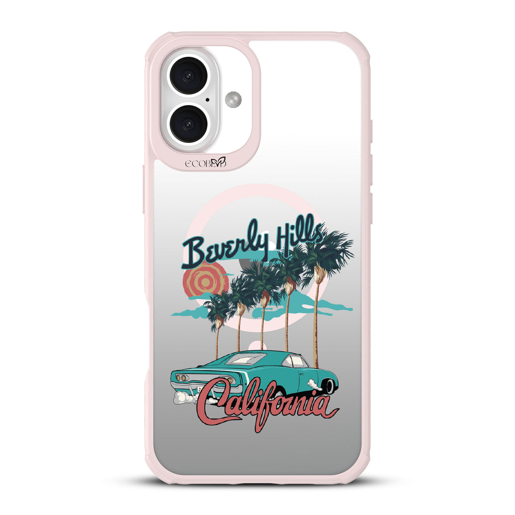 iPhone 16 Plus case, clear, sustainable phone case with pink ridges, back view, 90210 design