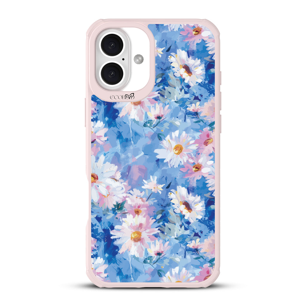 iPhone 16 Plus case, clear, sustainable phone case with pink ridges, back view, Blown Away design