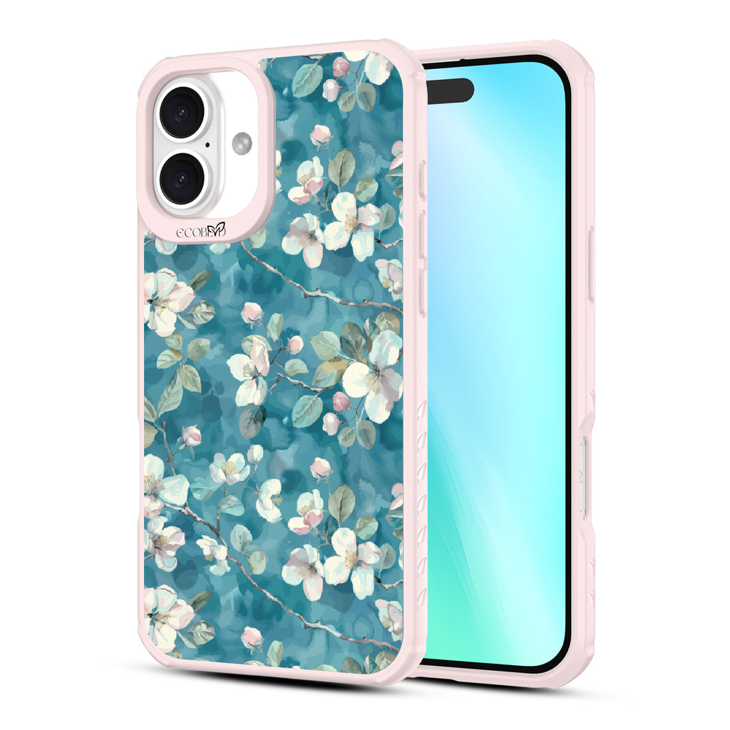 Front and back view of iPhone 16 Plus case, clear, sustainable phone case with pink ridges, Sway & Sprout design