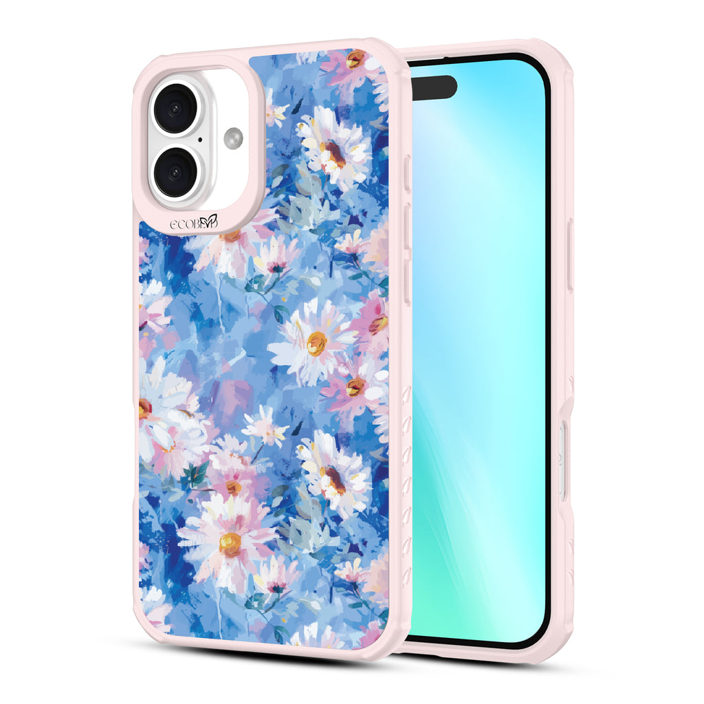 Front and back view of iPhone 16 Plus case, clear, sustainable phone case with pink ridges, Blown Away design