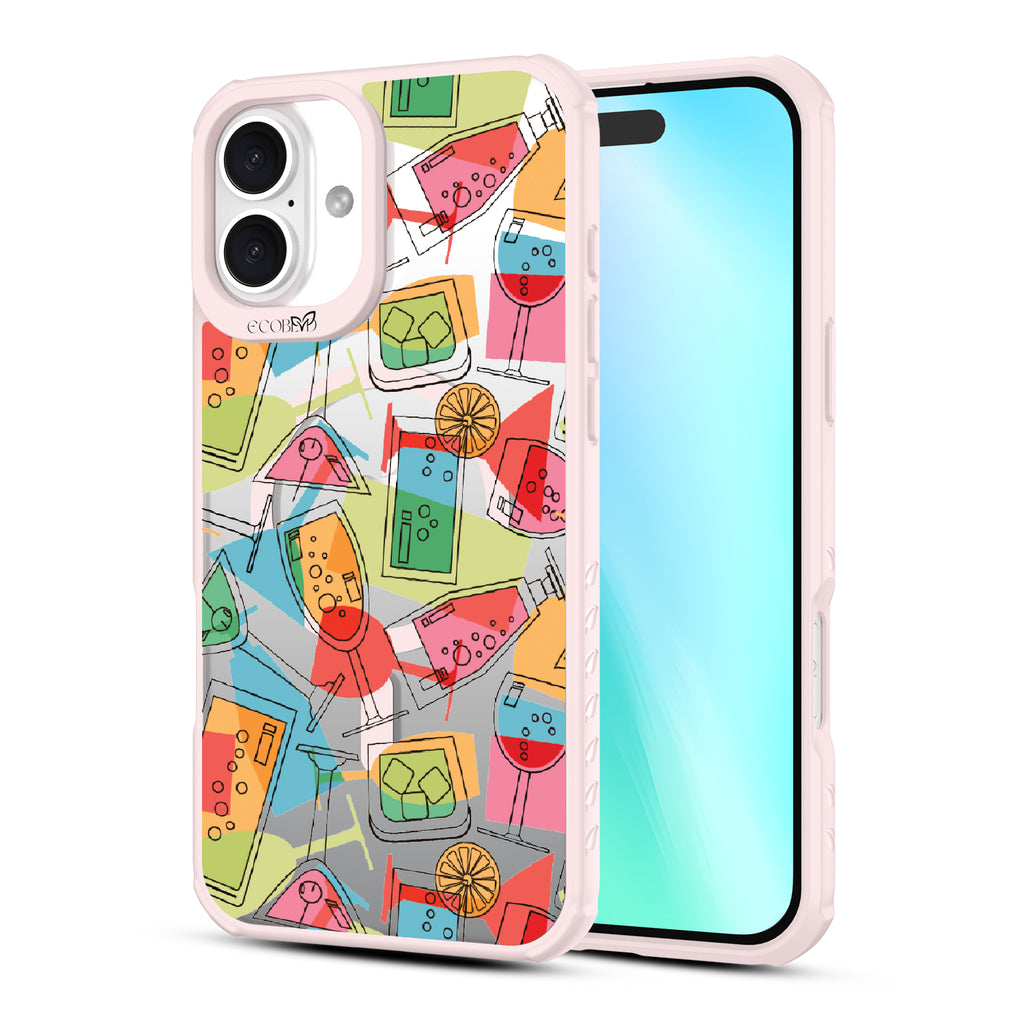 Front and back view of iPhone 16 Plus case, clear, sustainable phone case with pink ridges, 5 O'Clock Somewhere design