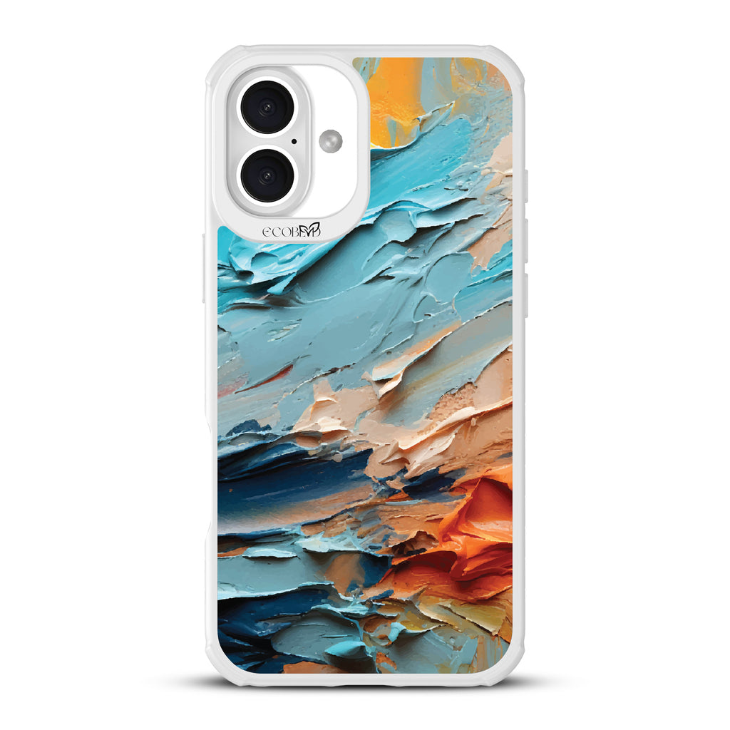 iPhone 16 Plus case, clear, sustainable phone case with white ridges, back view, Frame of Mind design