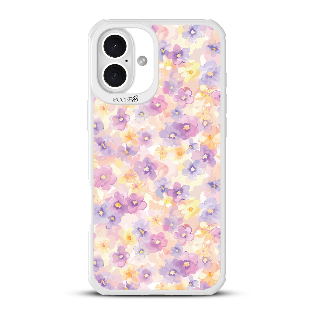 iPhone 16 Plus case, clear, sustainable phone case with white ridges, back view, Flowering Thoughts design