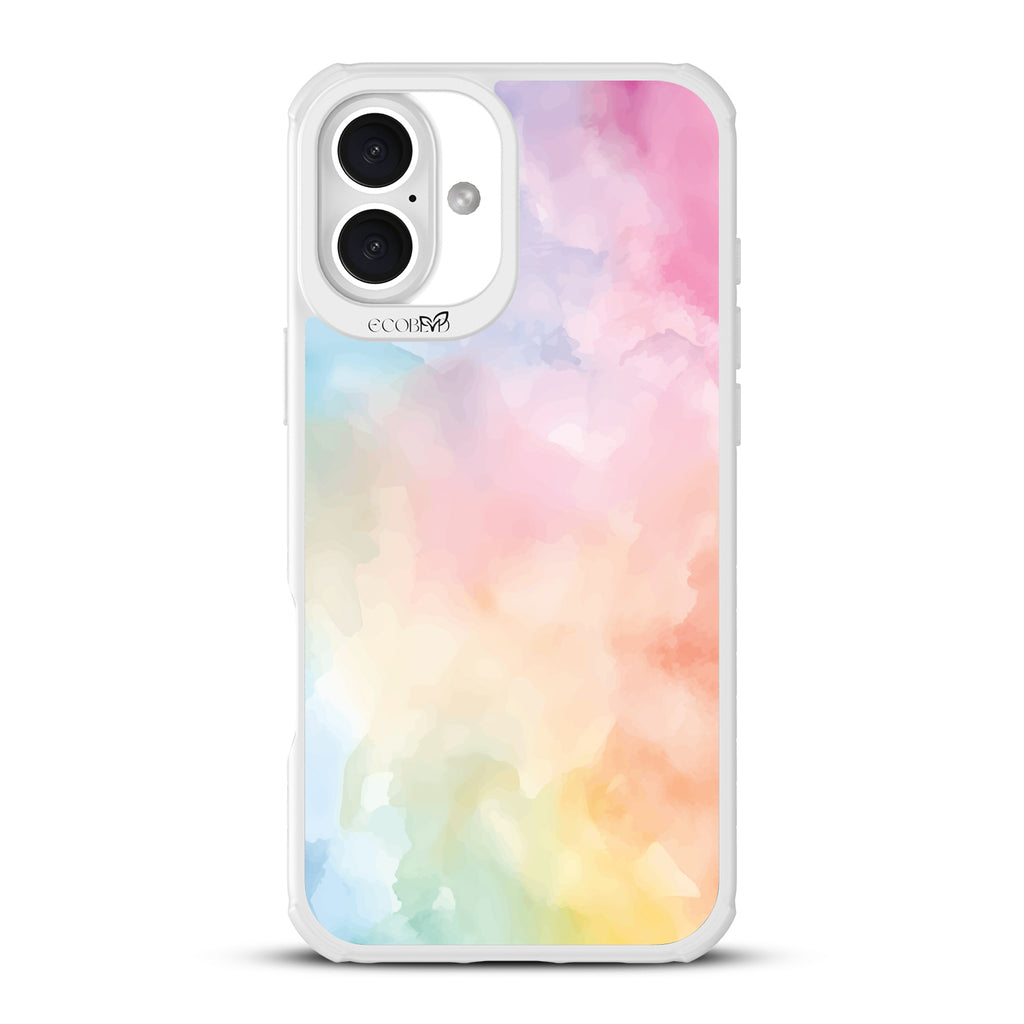 iPhone 16 Plus case, clear, sustainable phone case with white ridges, back view, Painted Skies design