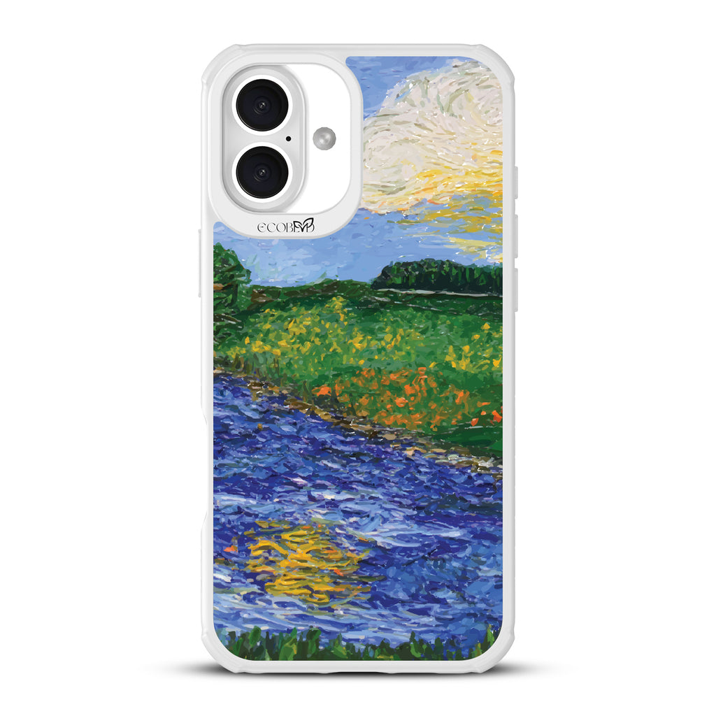 Front and back view of iPhone 16 Plus case, clear, sustainable phone case with white ridges, Field of Vision design

