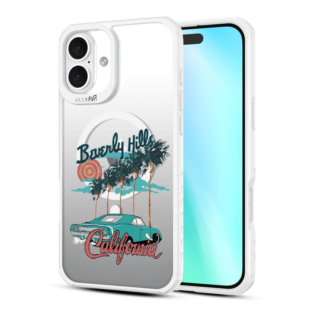 Front and back view of iPhone 16 Plus case, clear, sustainable phone case with pink ridges, 90210 design