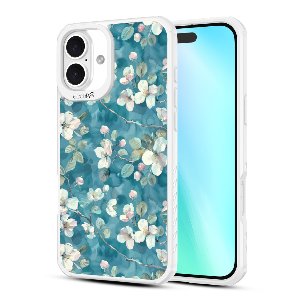 Front and back view of iPhone 16 Plus case, clear, sustainable phone case with white ridges, Sway & Sprout design