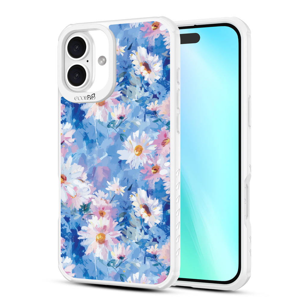 Front and back view of iPhone 16 Plus case, clear, sustainable phone case with white ridges, Blown Away design