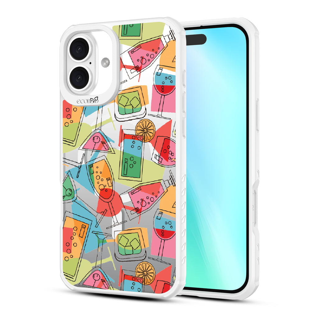 Front and back view of iPhone 16 Plsu case, clear, sustainable phone case with white ridges, 5 O'Clock Somewhere design