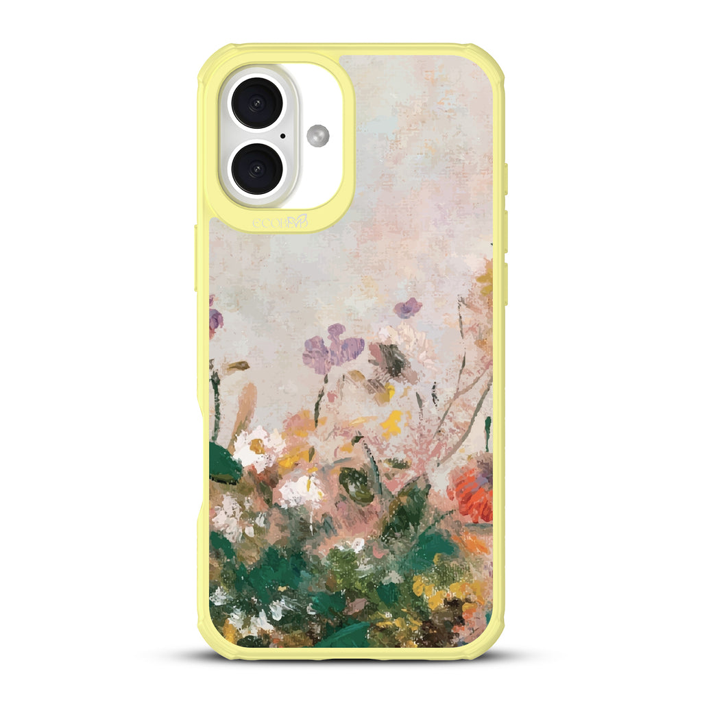 iPhone 16 Plus case, clear, sustainable phone case with yellow ridges, back view, Wild Grace design