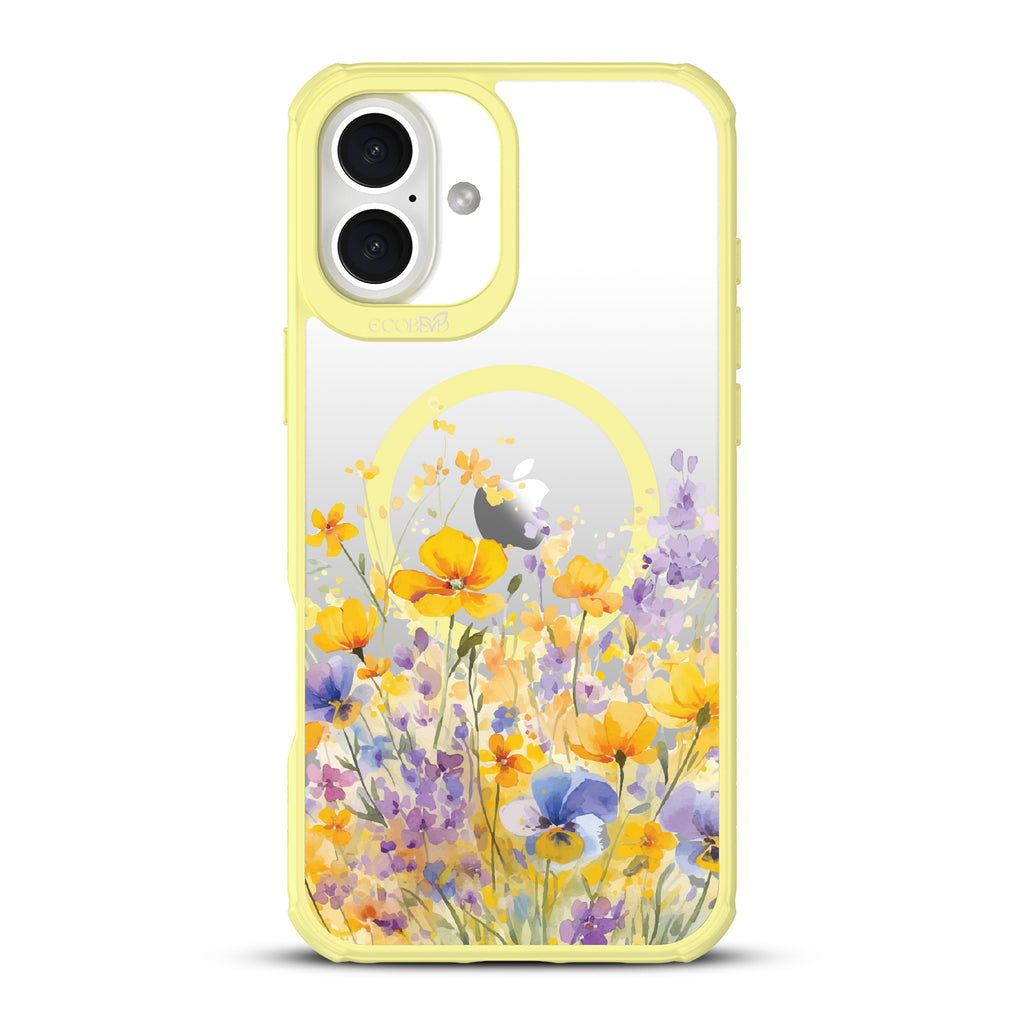 iPhone 16 Plus case, clear, sustainable phone case with yellow ridges, back view, Meadowlight design