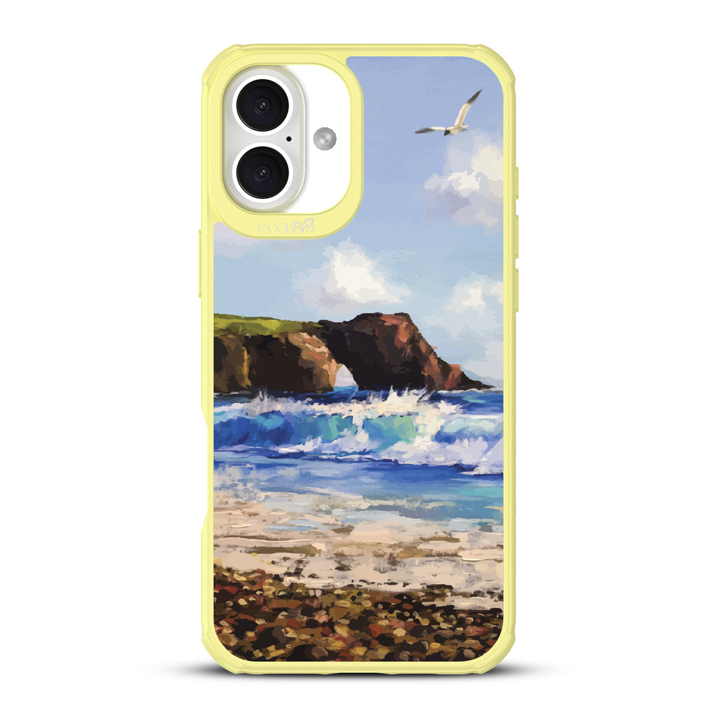 iPhone 16 Plus case, clear, sustainable phone case with yellow ridges, back view, Cliffhanger design