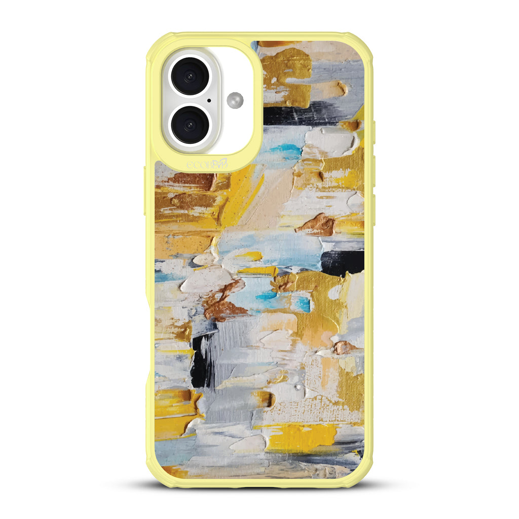 iPhone 16 Plus case, clear, sustainable phone case with yellow ridges, back view, Lighten Up design