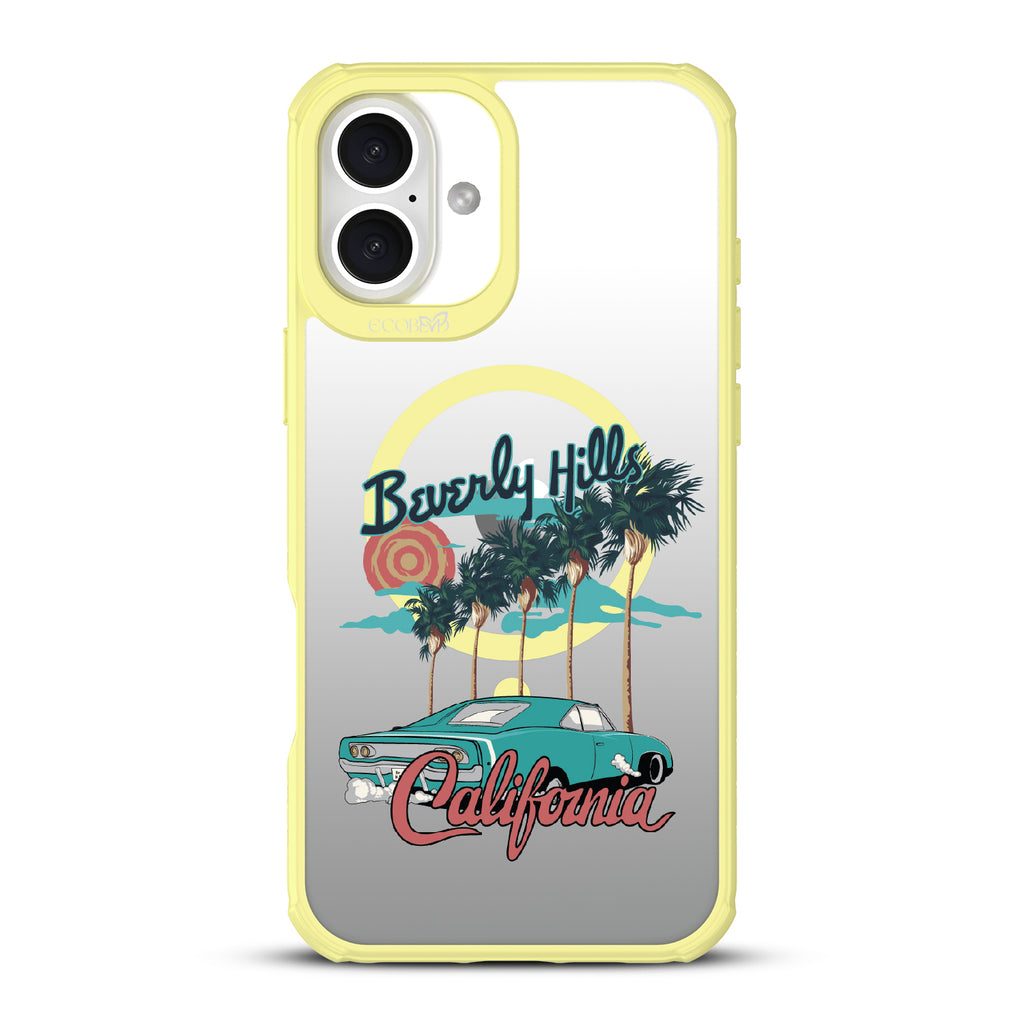 iPhone 16 Plus case, clear, sustainable phone case with yellow ridges, back view, 90210 design
