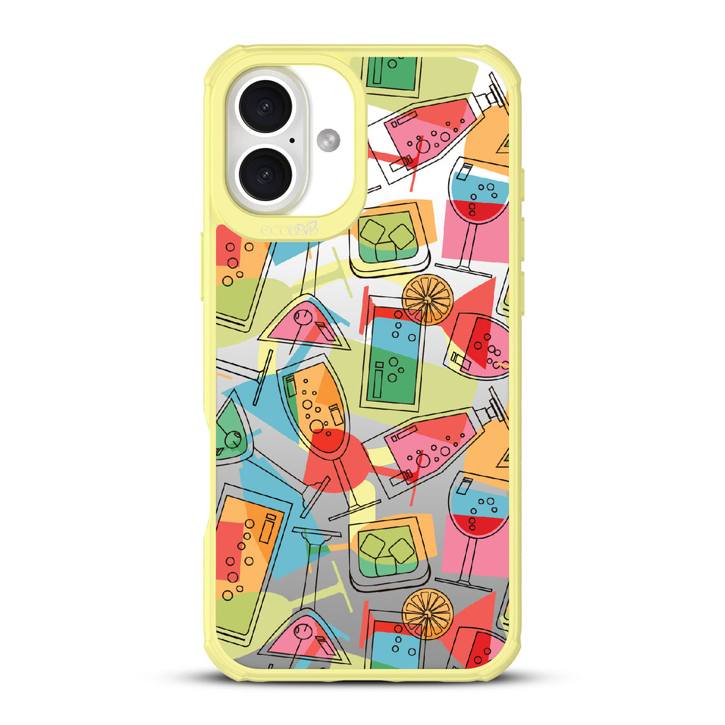 iPhone 16 Plus case, clear, sustainable phone case with yellow ridges, back view, 5 O’Clock Somewhere design