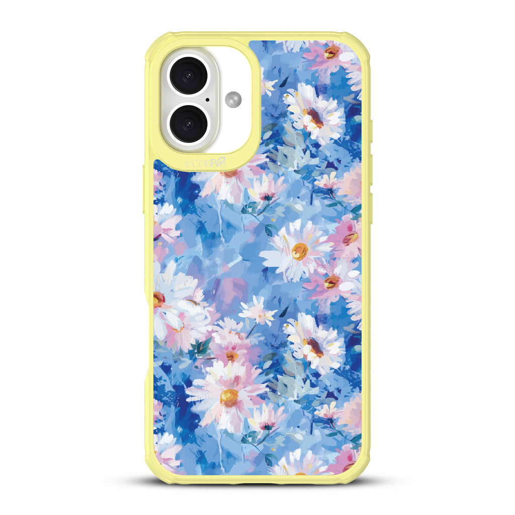 iPhone 16 Plus case, clear, sustainable phone case with yellow ridges, back view, Blown Away design