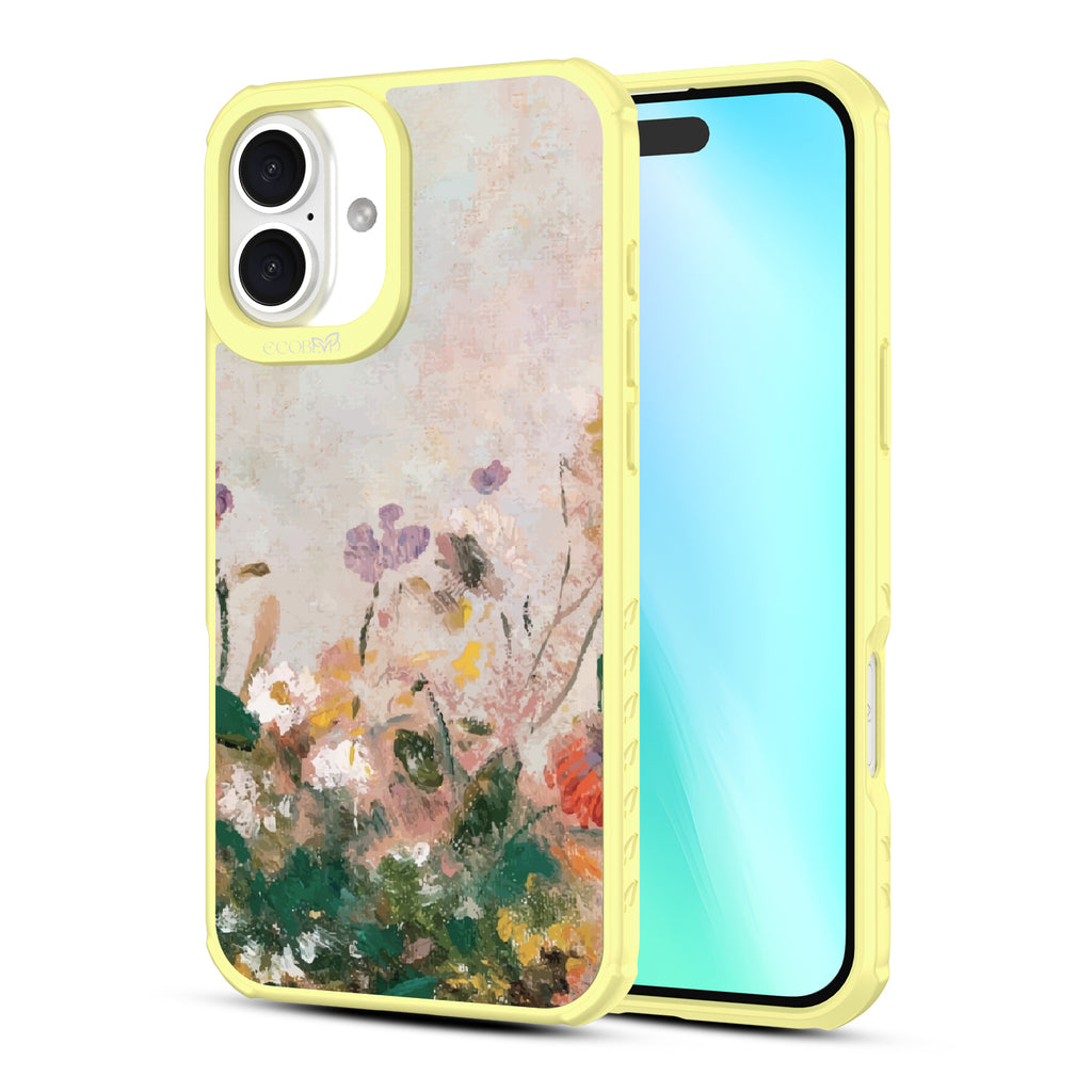 Front and back view of iPhone 16 Plus case, clear, sustainable phone case with yellow ridges, Wild Grace design