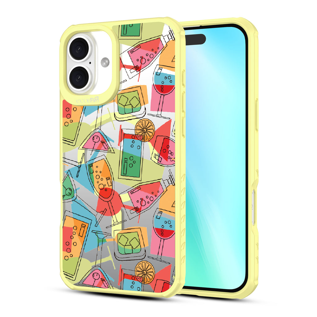 Front and back view of iPhone 16 Plus case, clear, sustainable phone case with yellow ridges, 5 O'Clock Somewhere design