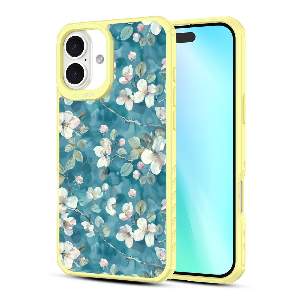 Front and back view of iPhone 16 Plus case, clear, sustainable phone case with yellow ridges, Sway & Sprout design