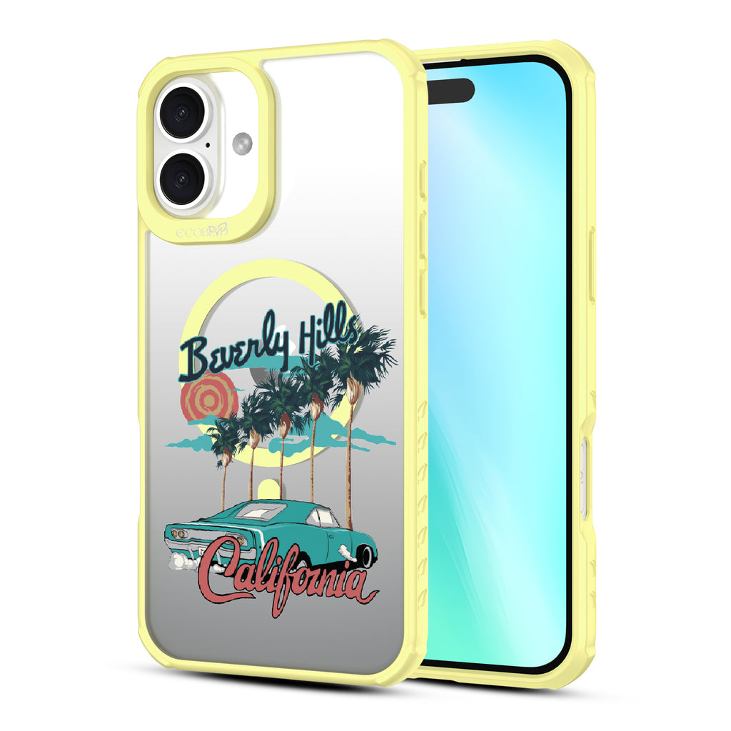 Front and back view of iPhone 16 Plus case, clear, sustainable phone case with pink ridges, 90210 design
