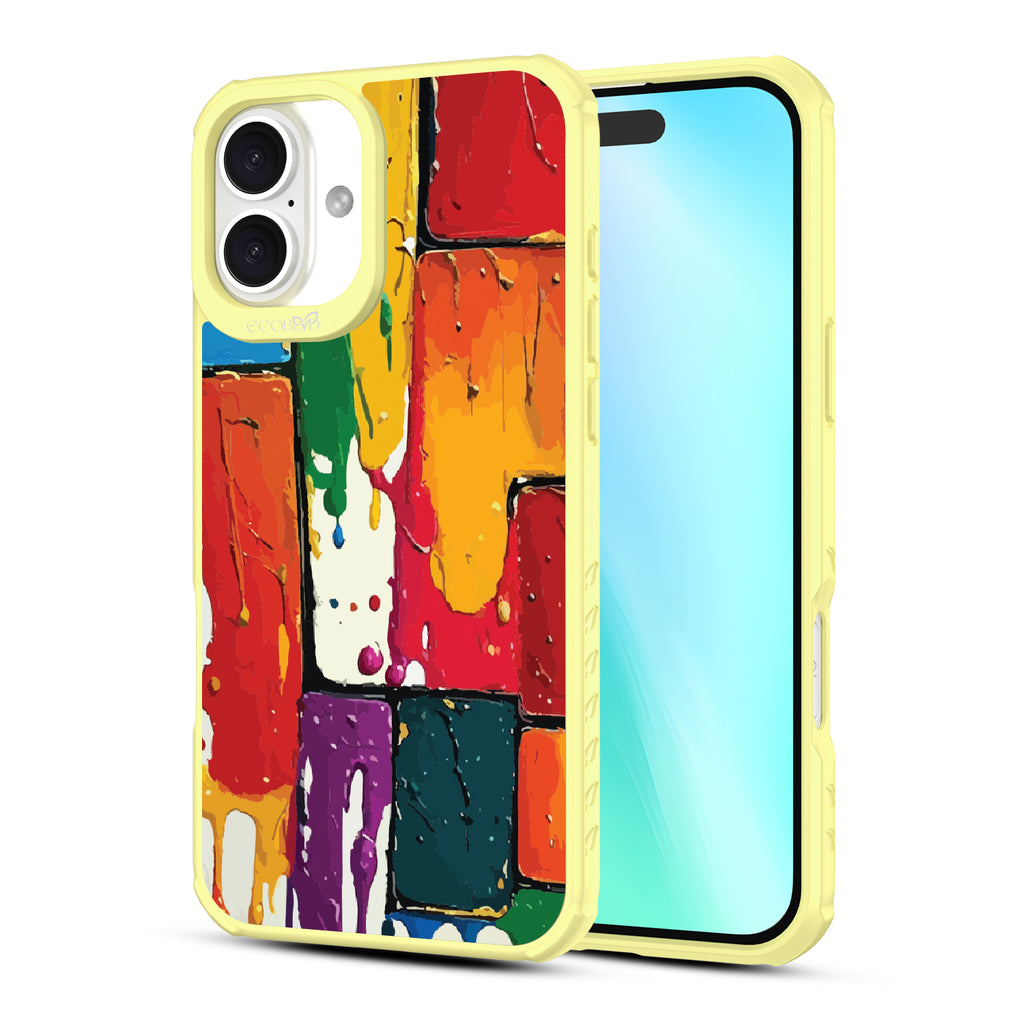 Front and back view of iPhone 16 Plus case, clear, sustainable phone case with yellow ridges, Color Me Mine design