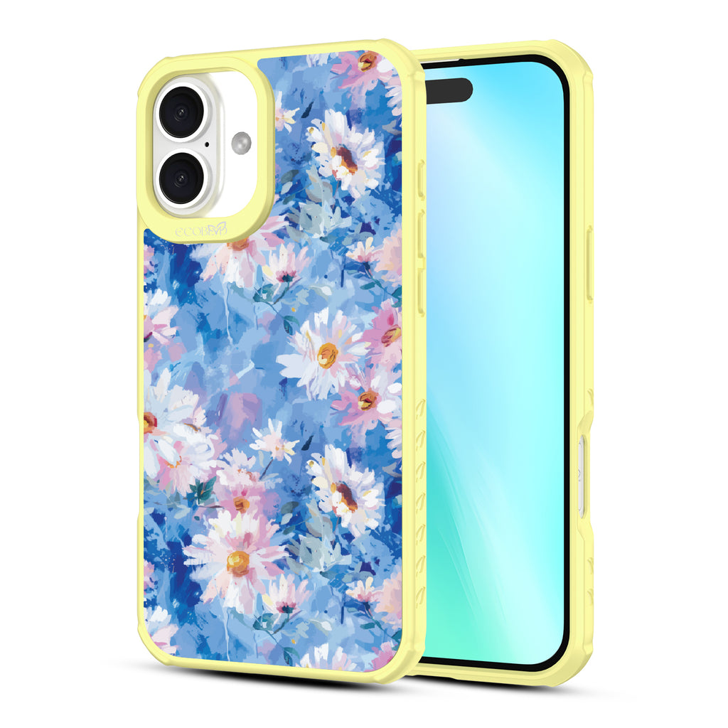 Front and back view of iPhone 16 case, clear, sustainable phone case with yellow ridges, Blown Away design