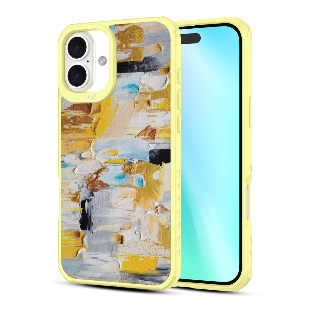 Front and back view of iPhone 16 Plus case, clear, sustainable phone case with yellow ridges, Lighten Up design

