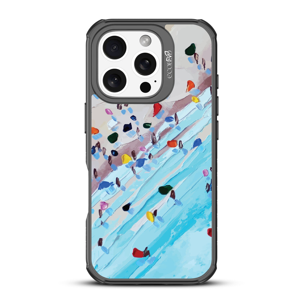 iPhone 16 Pro case, clear, sustainable phone case with black ridges, back view, Waves of Color design