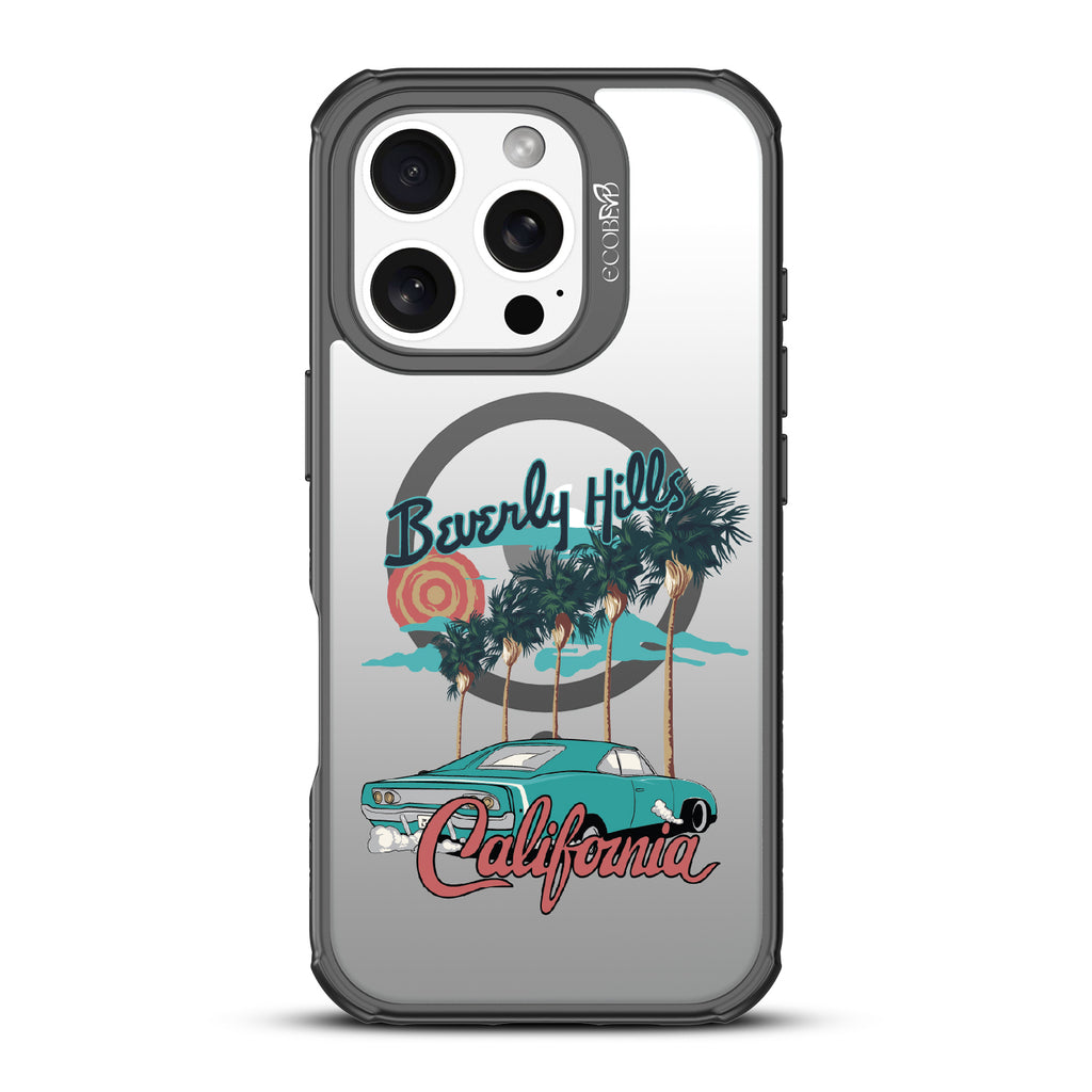 iPhone 16 Pro case, clear, sustainable phone case with black ridges, back view, 90210 design