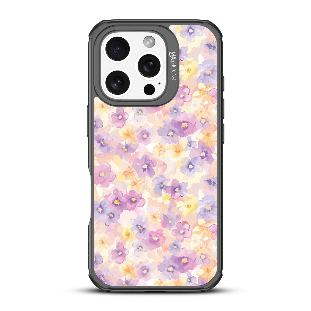 iPhone 16 Pro case, clear, sustainable phone case with black ridges, back view, Flowering Thoughts design