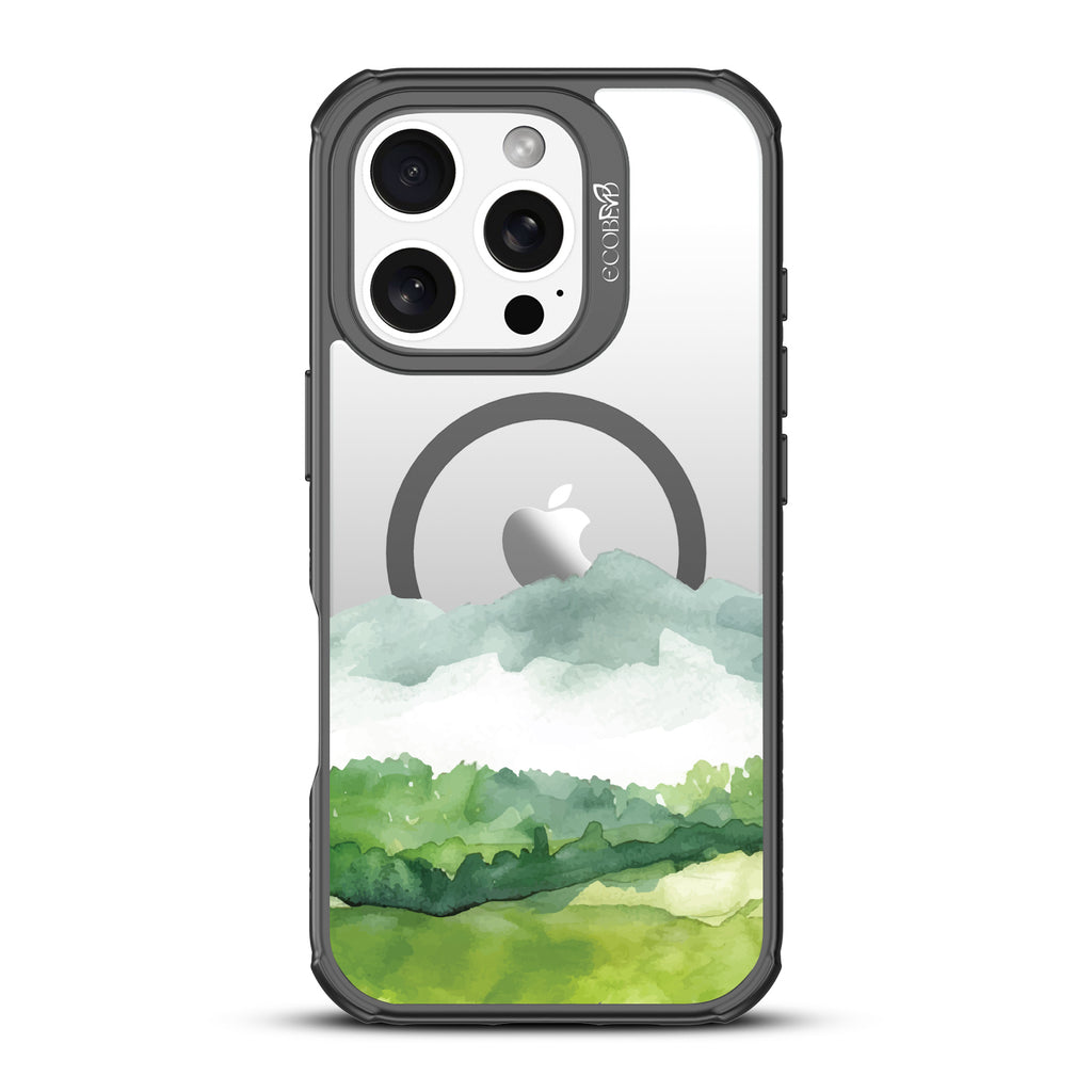 iPhone 16 Pro case, clear, sustainable phone case with black ridges, back view, Open Horizon design