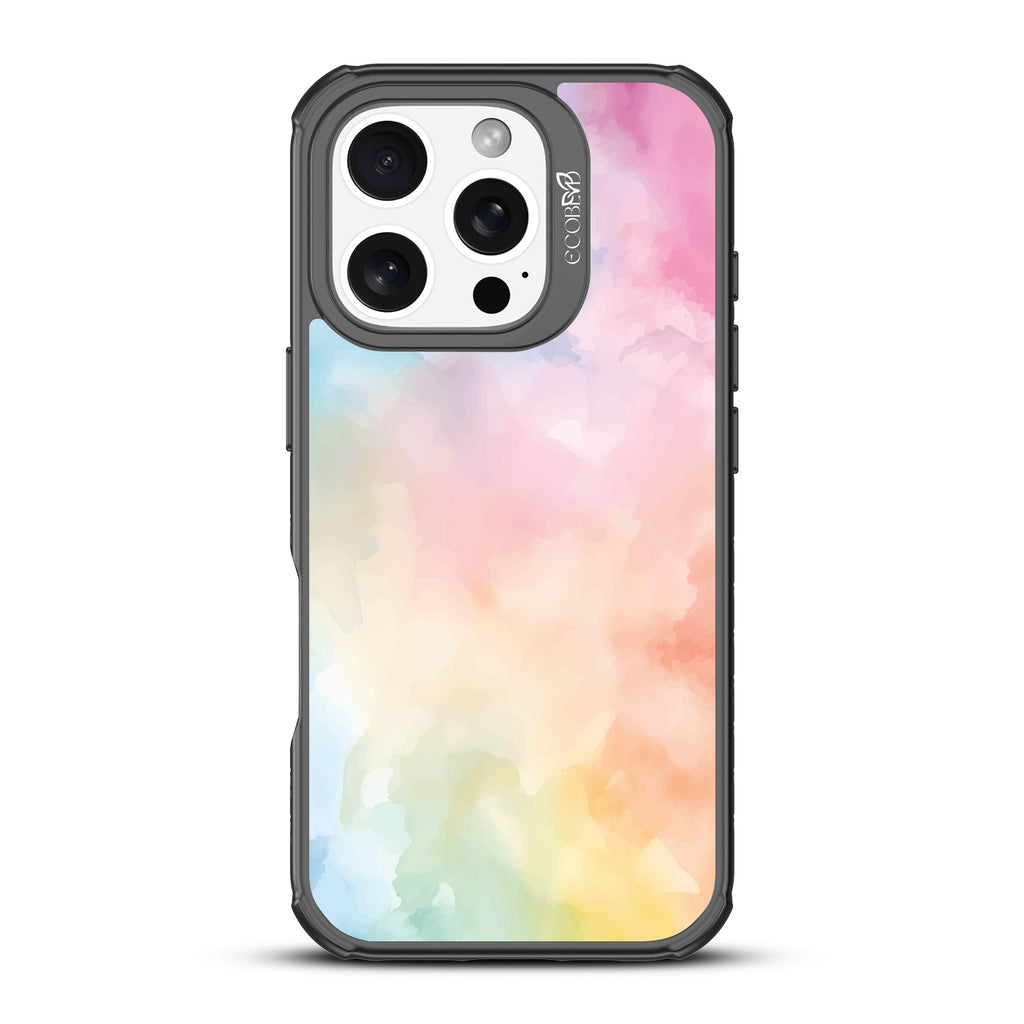 iPhone 16 Pro case, clear, sustainable phone case with black ridges, back view, Painted Skies design