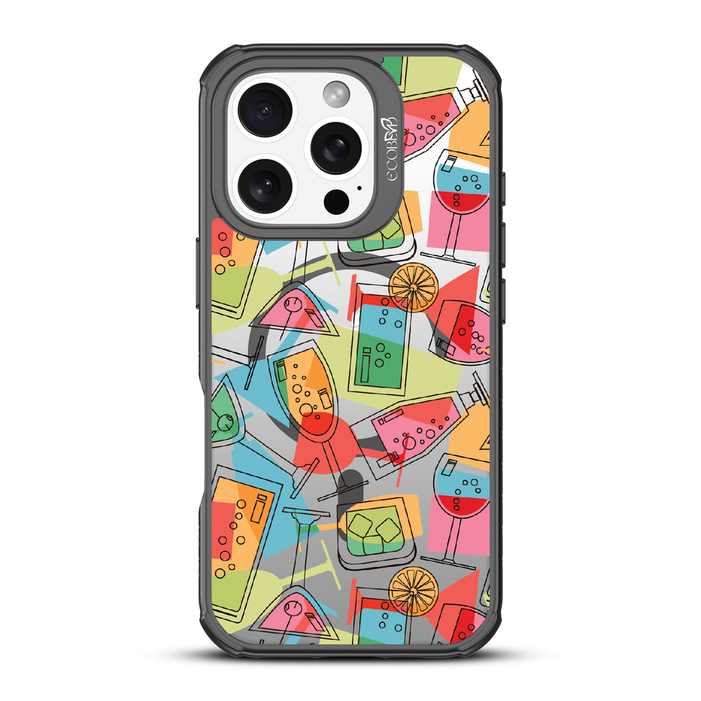 iPhone 16 Pro case, clear, sustainable phone case with black ridges, back view, 5 O’Clock Somewhere design