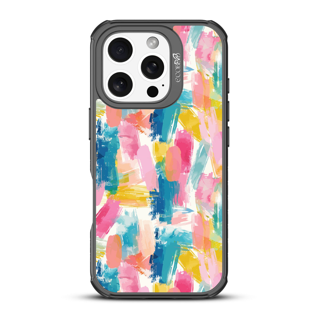 iPhone 16 Pro case, clear, sustainable phone case with black ridges, back view, Blurred Beauty design