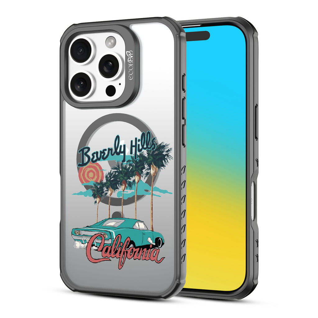 Front and back view of iPhone 16 Pro case, clear, sustainable phone case with black ridges, 90210 design