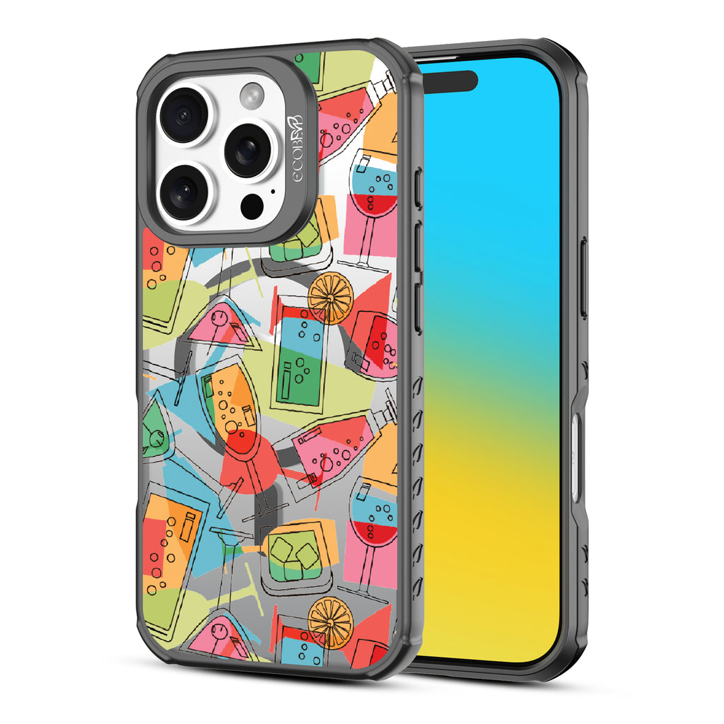 Front and back view of iPhone 16 Pro case, clear, sustainable phone case with black ridges, 5 O'Clock Somewhere design