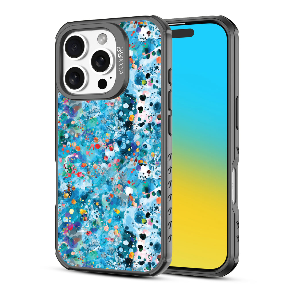 Front and back view of iPhone 16 Pro case, clear, sustainable phone case with black ridges, Brushed By The Tide design