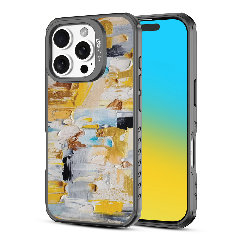 Front and back view of iPhone 16 Pro case, clear, sustainable phone case with black ridges, Lighten Up design