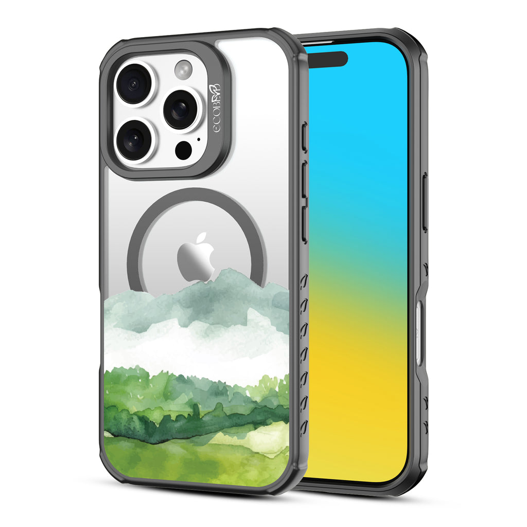 Front and back view of iPhone 16 Pro case, clear, sustainable phone case with black ridges, Open Horizon design