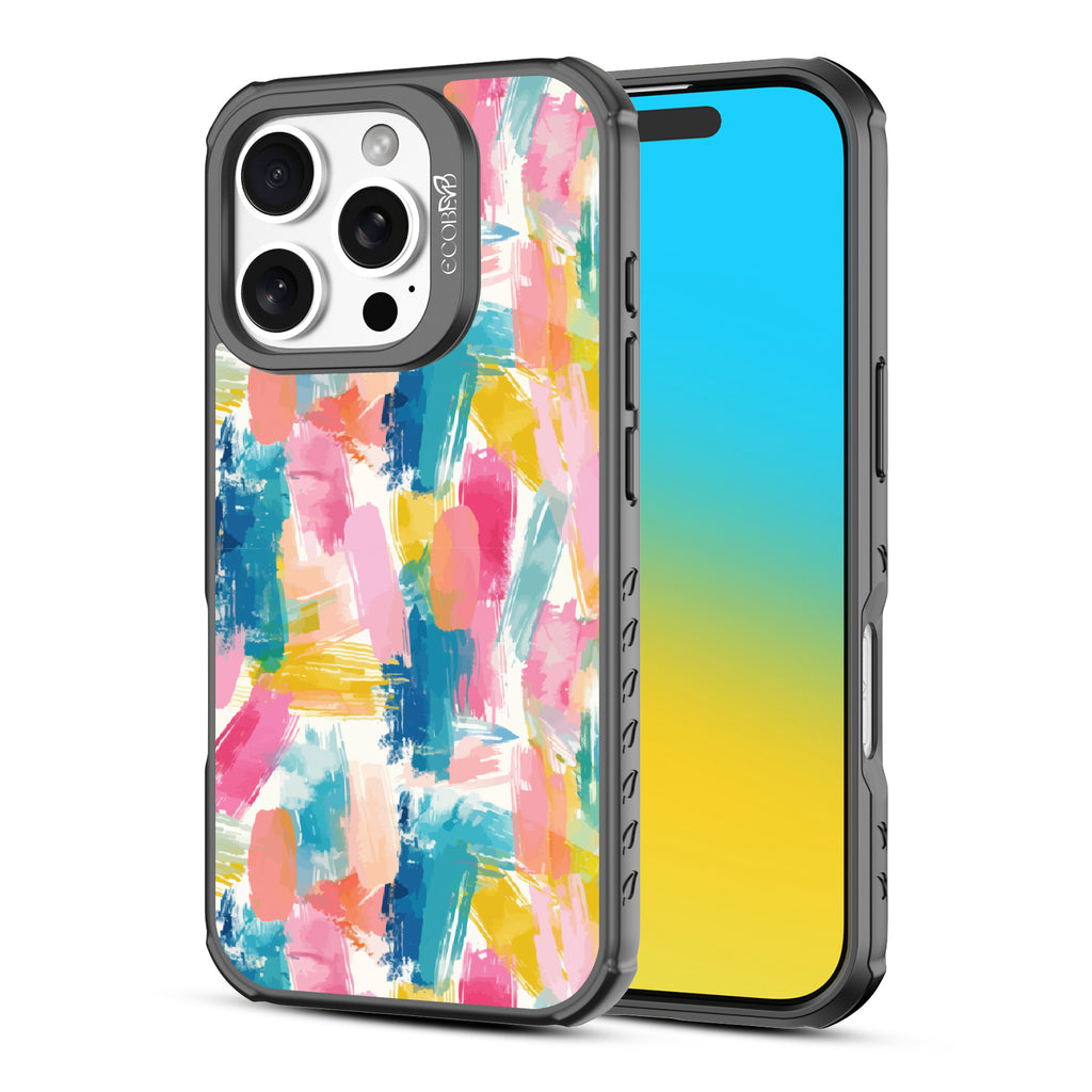 Front and back view of iPhone 16 Pro case, clear, sustainable phone case with black ridges, Blurred Beauty  design